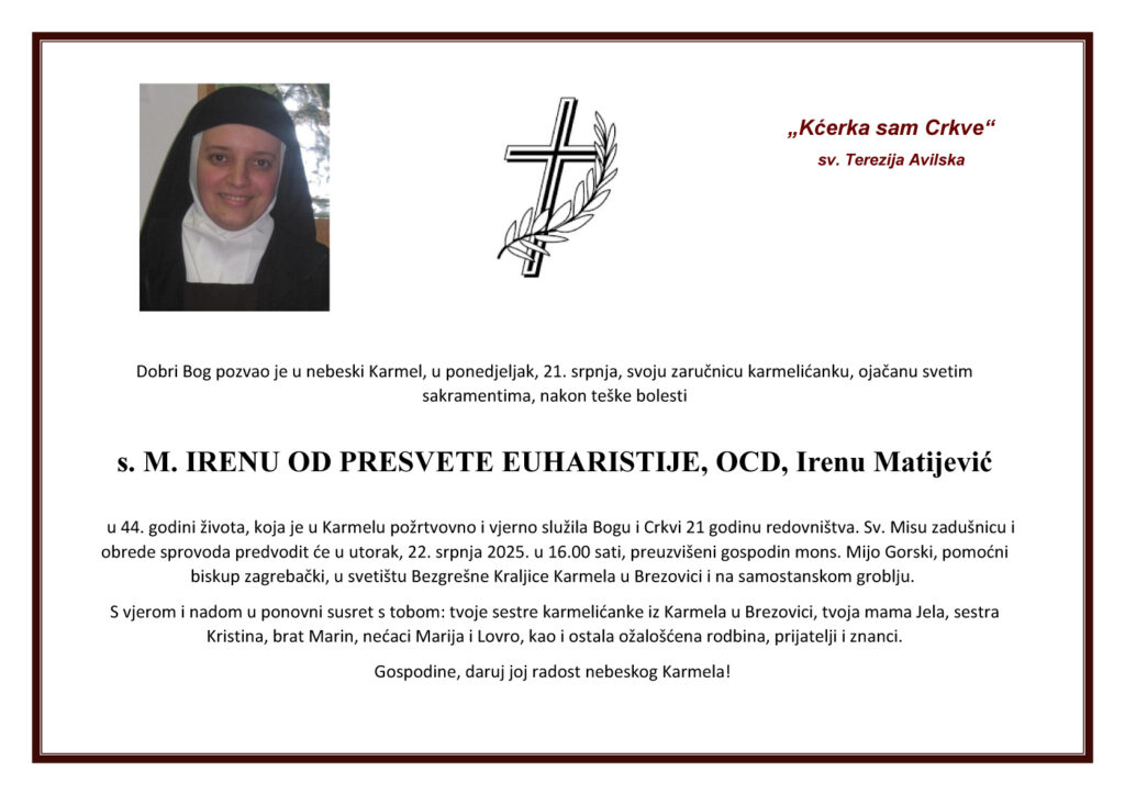 Preminula s. Irena od Presvete Euharistije (Matijević)